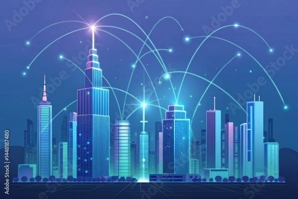 Obraz Futuristic cityscape with glowing 5G towers and network lines connecting smart devices Vibrant city skyline with fireworks illuminating the night sky in a modern, digital art style.