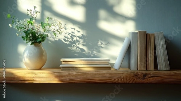 Obraz Sunlit wooden shelf with books and flowers.