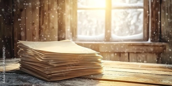 Fototapeta Stacked blank paper on snowy wooden table by window with sunlight and snowflakes.
