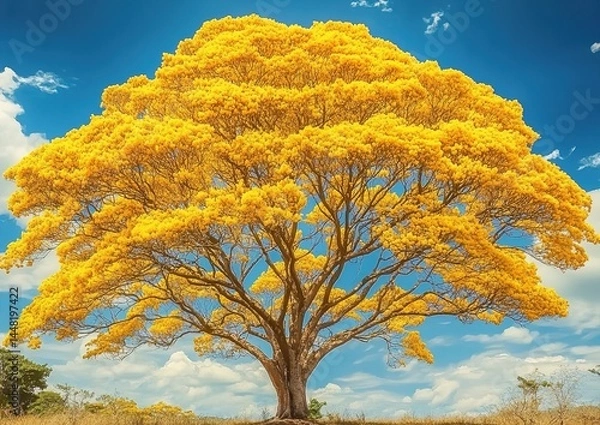 Fototapeta Tree with yellow flowers in grassy field under blue sky and white clouds.