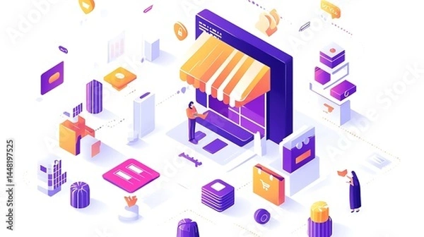 Fototapeta Online Shopping Concept with Isometric Store and People Interacting Digitally