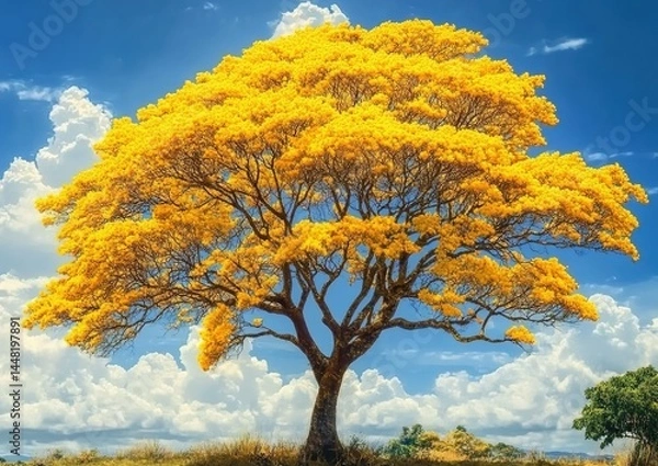 Fototapeta Tree with yellow flowers in grassy field under blue sky and white clouds.