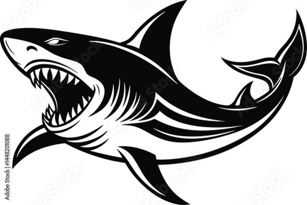 Obraz Aggressive Great White Shark Vector Illustration in Black and White
