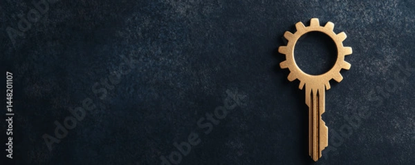 Fototapeta Golden key with gear shaped head symbolizes unlocking innovation, mechanical solutions, and creative ideas on dark textured background