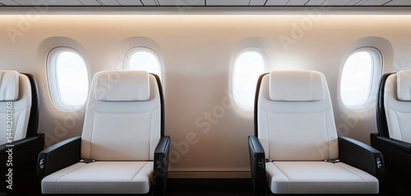 Fototapeta Modern airplane interior with white leather seats, large windows, and soft lighting, creating calm and comfortable travel atmosphere