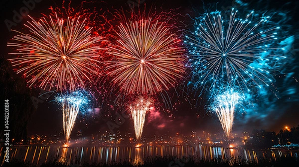 Fototapeta Fireworks display over lake at night