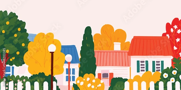 Obraz Vibrant illustrated neighborhood with charming houses nestled amongst colorful trees, evoking a sense of community and peaceful living.