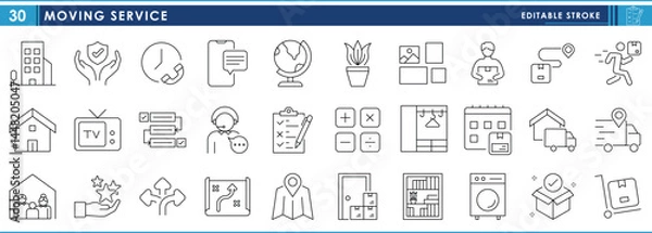 Fototapeta A set of line icons related to Moving Service. Apartment, house, utensils, family, goods, and so on. Vector editable stroke.