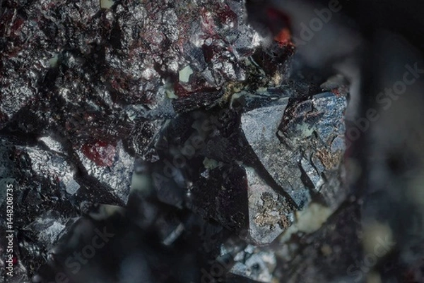 Fototapeta Mineral Cuprite (red copper ore) and silver crystals. High magnification microphotography- scale of photography 10X. Micro lens field of view 4 mm