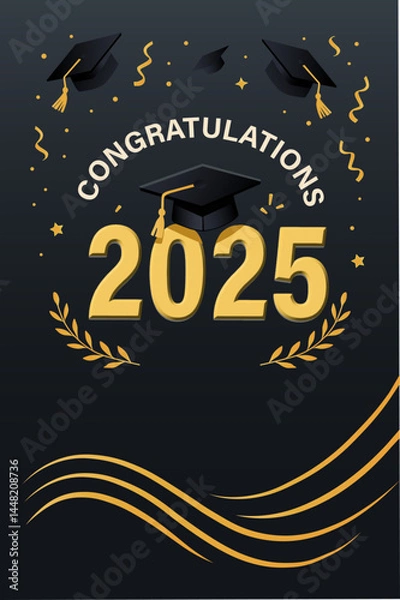 Obraz Black and Gold Congratulations 2025 Graduation Poster with Graduation Cap and Confetti on Dark Background