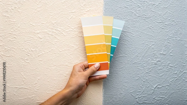 Fototapeta Hand holding color swatch with yellow and blue shades against textured wall, showing paint color options for home improvement and decoration ideas