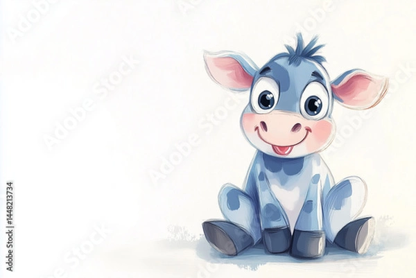 Fototapeta Adorable cartoon cow sitting with legs out, big eyes and floppy ears, tongue sticking out playfully. Minimal background, isolated on white