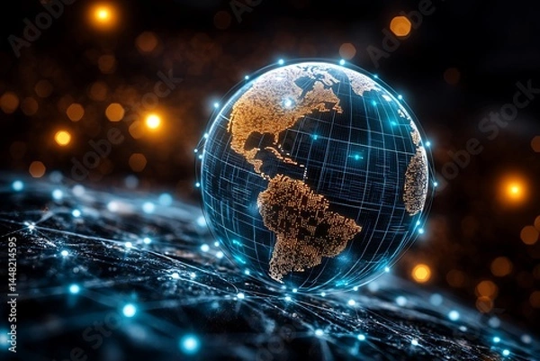 Fototapeta Global digital network with earth representation connecting continents bright internet technology showing world connectivity for global business expansion and data transfer