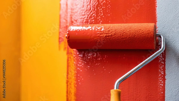 Fototapeta Painting wall with roller saturated with thick glossy red paint on yellow surface closeup