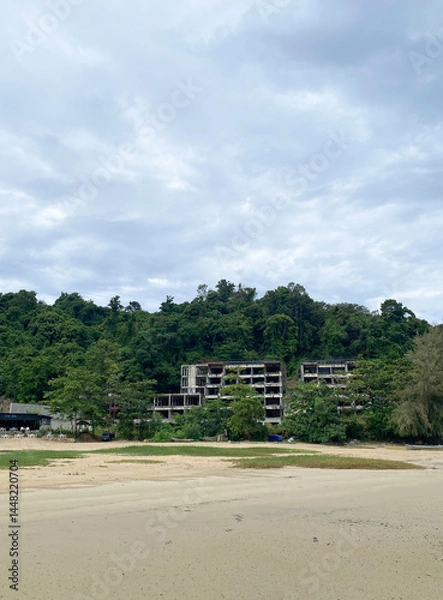 Fototapeta abandoned hotel after tsunami on the beach in Thailand, Phuket. Dangerous development in the tropics, deserted beach