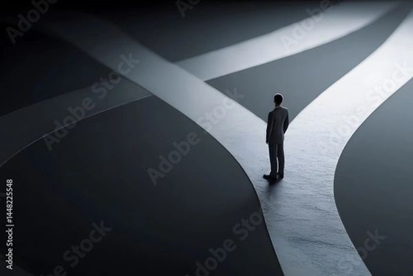 Obraz A solitary figure in a suit stands at the convergence of two diverging paths, symbolizing decision-making and the uncertainty of choosing between different life directions.
