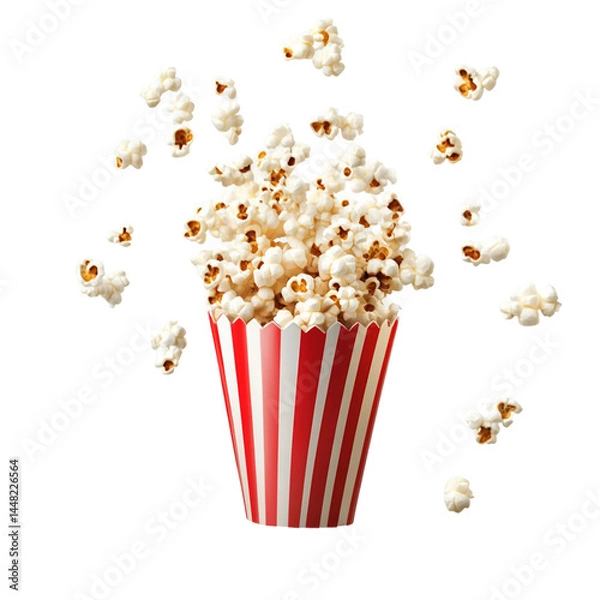 Fototapeta A high-resolution, widescreen of popcorn flying out of a red and white striped popcorn cup on a transparent background
