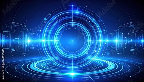 Fototapeta A vibrant futuristic technology background featuring interconnected blue circles, illuminated by glowing lights, creating a dynamic and modern atmosphere.