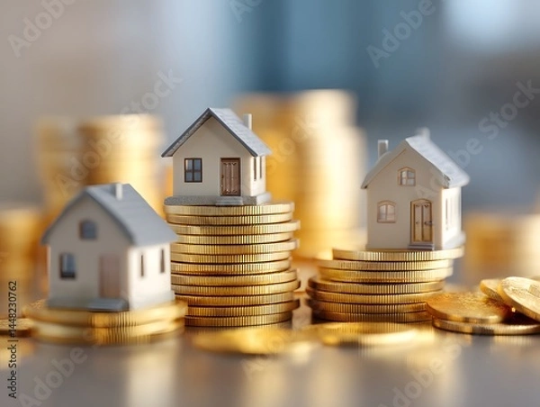 Obraz Miniature houses perched atop stacks of golden coins symbolizing the intersection of real estate investment, property value, and financial growth in the housing market.