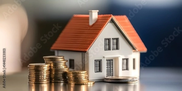 Fototapeta A miniature house with a red roof and white walls is surrounded by stacks of coins, symbolizing the financial aspects of homeownership and real estate investment.