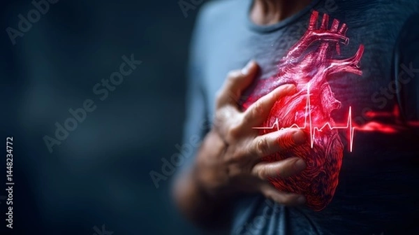 Fototapeta A person clutching their chest with a glowing red heart and heartbeat line overlay, symbolizing cardiovascular health or a heart attack