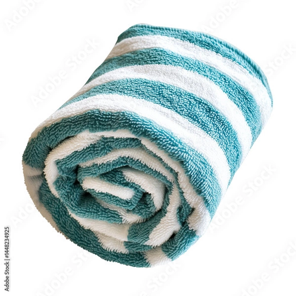 Fototapeta Rolled Turquoise Striped Beach Towel isolated on transparent background.