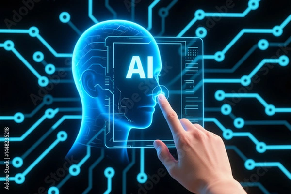 Fototapeta Futuristic AI Interface with Finger Touching Virtual Face