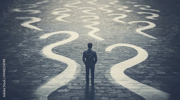 Fototapeta Man Standing Before Question Marks on Pavement Deciding Direction to Take