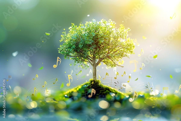 Fototapeta Isolated tree with eco themed music notes, representing adorable  idethe of harmony between nature music.  