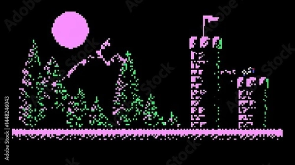 Fototapeta Pixel art landscape depicting a pink moon, green trees, and a castle at night. The style is reminiscent of early video game graphics