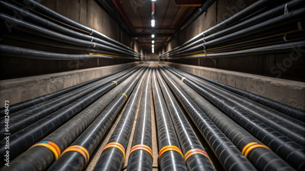 Fototapeta High voltage cables with thick rubber insulation run through dimly lit industrial tunnel, creating sense of depth and power in this high fidelity image