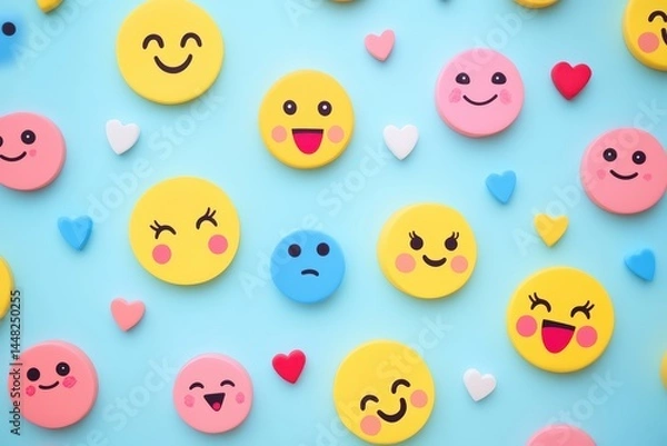 Fototapeta Quirky emoji background featuring exaggerated facial expressions like laughing, crying, and winking on a vibrant digital backdrop, ideal for humorous designs, memes, or youth branding.