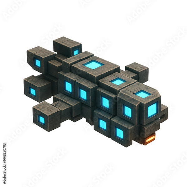 Fototapeta Rugged blocky futuristic spacecraft constructed from dark weathered materials featuring vibrant glowing blue panel lights.