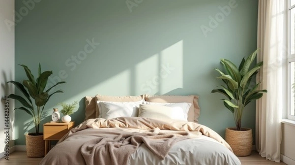 Fototapeta Modern bedroom with iced coffee bedding, dusty mint accent wall, minimalist decor, morning window light
