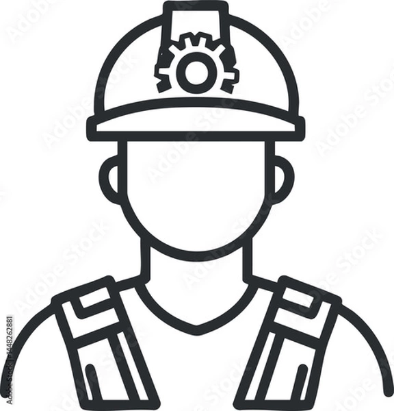 Fototapeta Line art icon of a worker wearing a safety helmet and work uniform representing construction or industrial labor