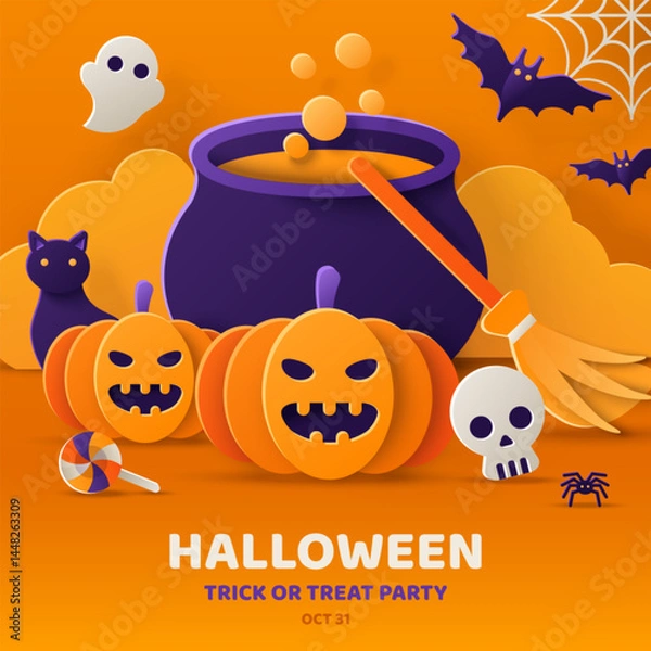 Fototapeta Happy Halloween poster, party invitation background, witch craft icons, pumpkins in paper cut style. Vector illustration. Cauldron, broom and black cat. Place for text. Trick or treat flyer concept