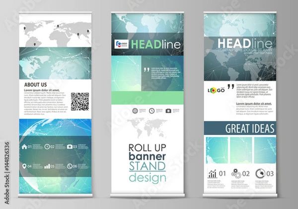 Fototapeta The minimalistic vector illustration of editable layout of roll up banner stands, vertical flyers, flags design business templates. Chemistry pattern, molecule structure, geometric design background.