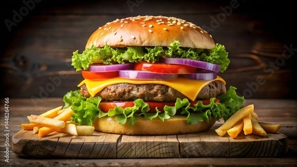 Obraz Double Cheeseburger with Crispy Fries