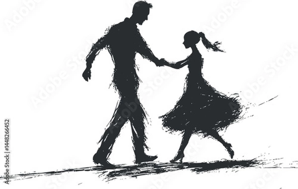 Fototapeta Silhouette of a dancing couple holding hands in graceful motion on a white background
