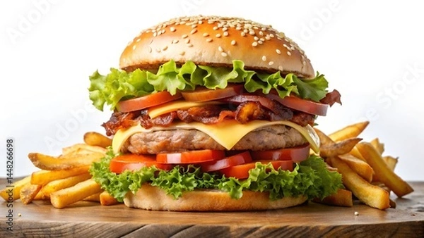 Obraz Rustic Double Cheeseburger with Golden Fries