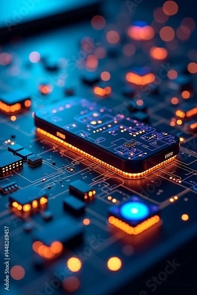 Fototapeta Illuminated Microchip Circuit Board Macro Photography