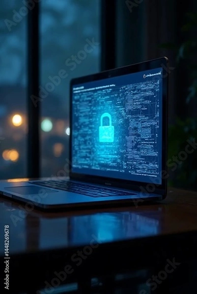 Fototapeta Laptop with Digital Security Lock Screen in Dark Environment