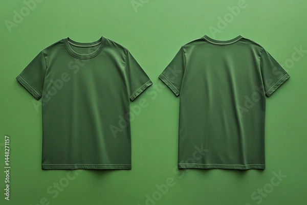 Obraz Front and back view of a green t-shirt laid flat on a surface, a flat lay concept used as a mockup design template