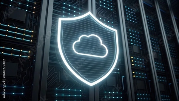Obraz Digital data security concept featu a glowing shield with a cloud icon representing protection of cloud storage and information in modern network infrastructure