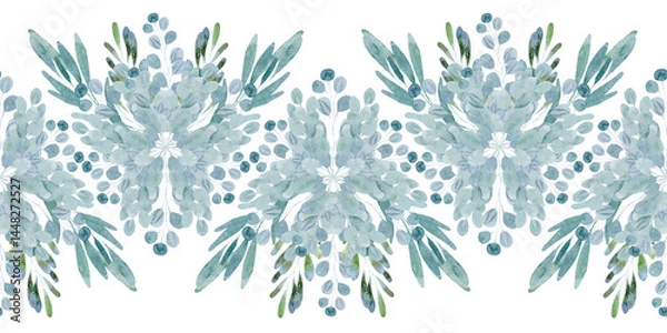 Fototapeta Watercolor seamless pattern with green spring plants with carved leaves