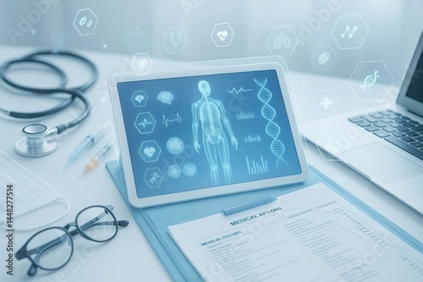 Obraz Medical Informatics: A high-angle shot presents a digital tableau of modern healthcare, where a tablet and a laptop seamlessly blend with traditional medical tools.