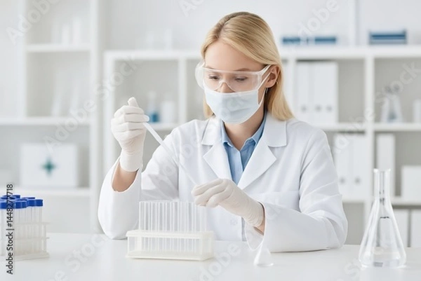 Obraz Scientific Precision: A focused laboratory scientist conducts a careful experiment in a clean, modern lab, demonstrating precision, dedication, and the pursuit of scientific innovation.