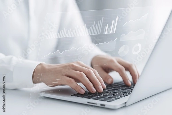 Obraz Modern Workspace with Laptop: A close-up shot features the hands of an individual typing on a laptop, complemented by overlaid graphic data.
