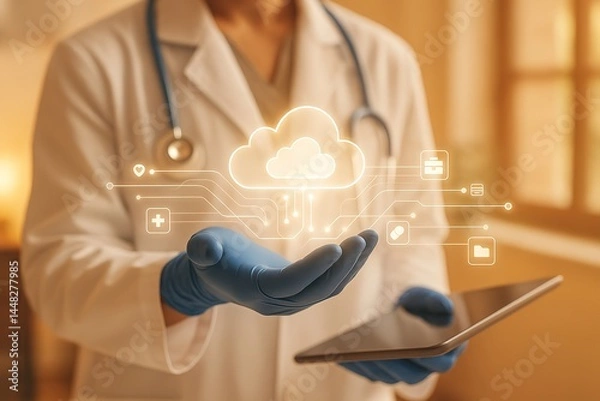 Obraz Medical Data Cloud: A medical professional, adorned in a pristine white coat and blue gloves, cradles a glowing digital cloud, symbolizing secure data storage within modern healthcare.