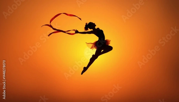 Fototapeta Dancer Mid-Leap with Ribbons Trailing, Silhouette on Glowing Gradient Background